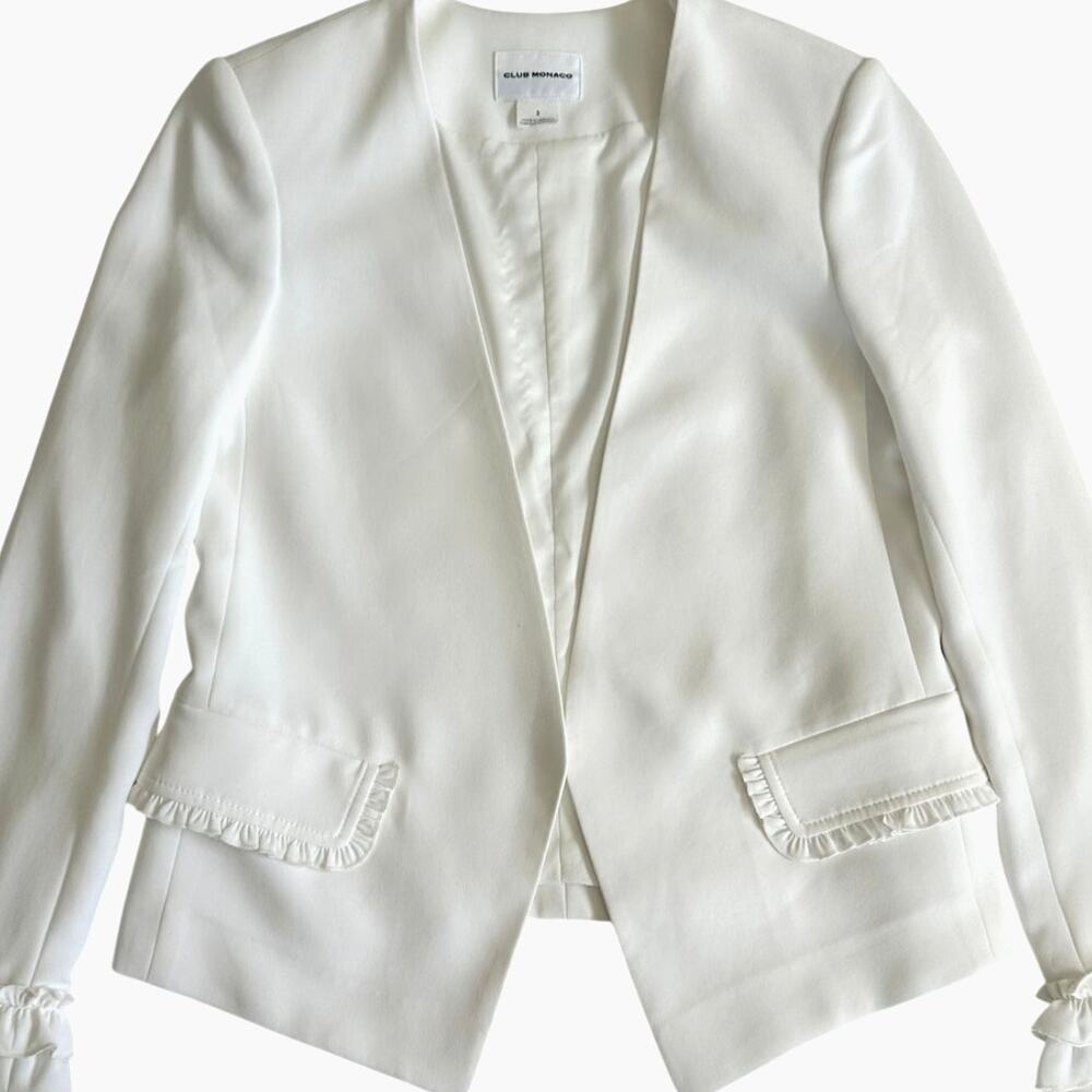 Club Monaco White Blazer Ruffle Cuff Open Front Career Minimalist Womens Size 2